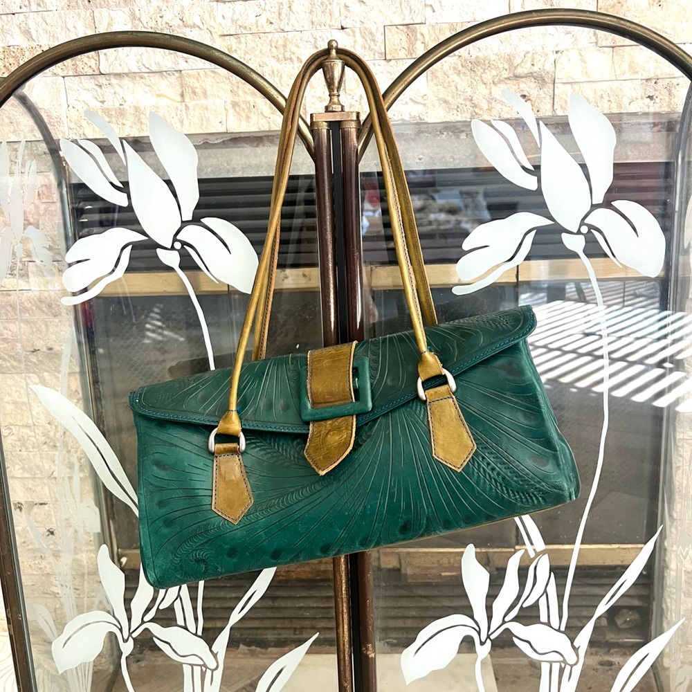 Green leather hand tooled purse